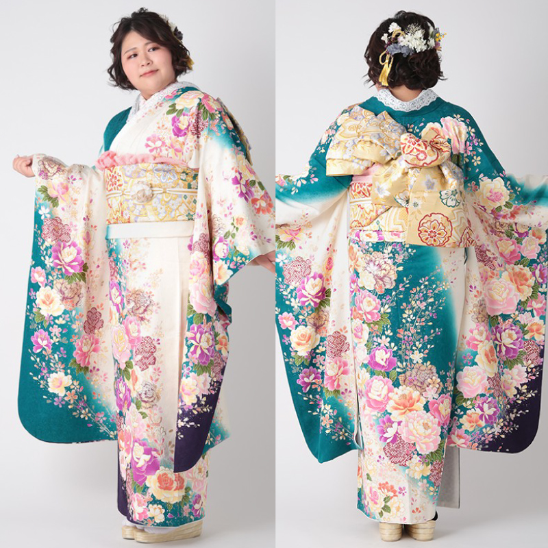 R1001白×グリーン　薔薇と蝶☆(絹)