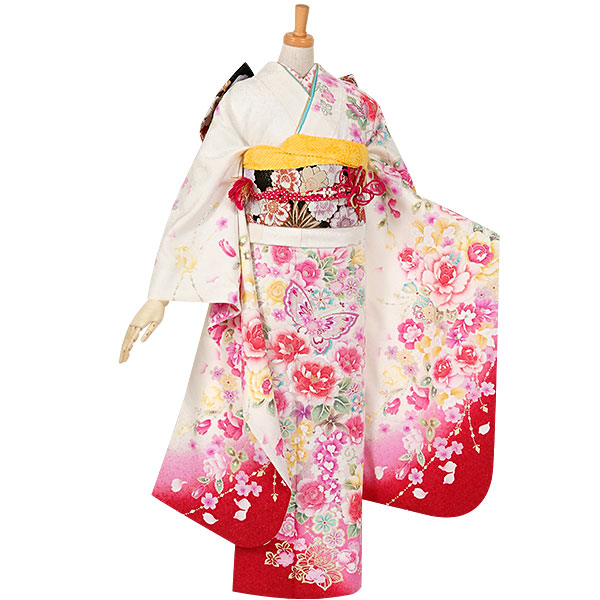 R1109白　桜牡丹と蝶☆(絹)