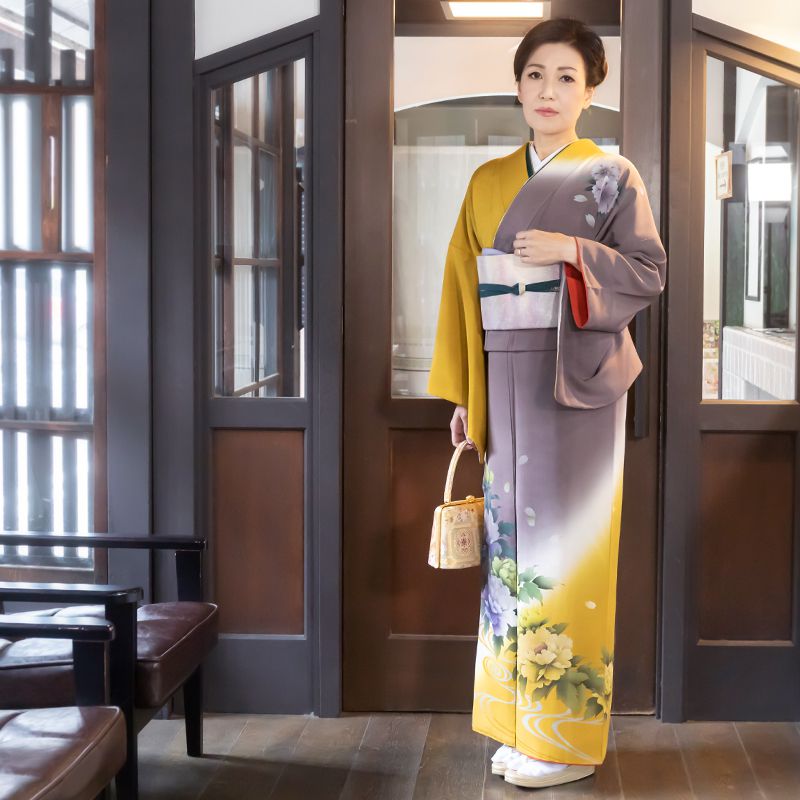 h1122　山吹色　紫鼠ぼかし流水牡丹