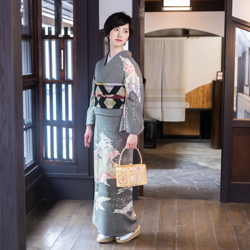 h1196　【加賀友禅】作家物白坂幸蔵　グレー　雲取りに茶屋辻