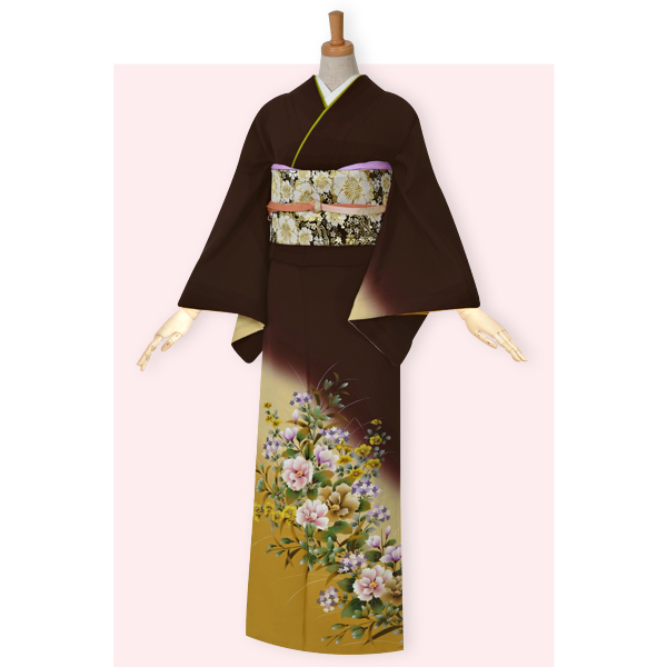 h386　茶　草花模様