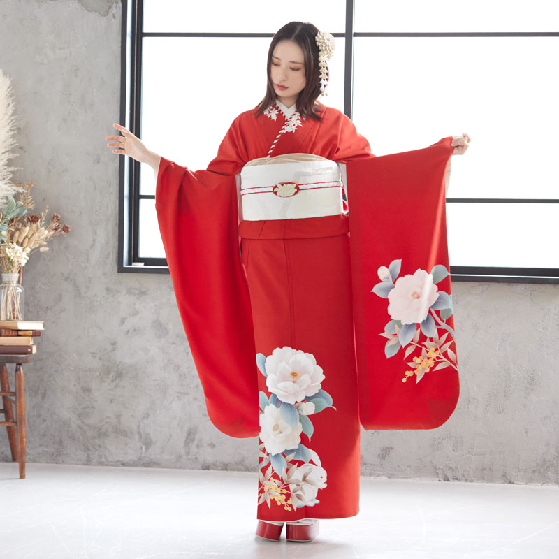 r1955　きもの道楽朱赤 南天と椿に兎