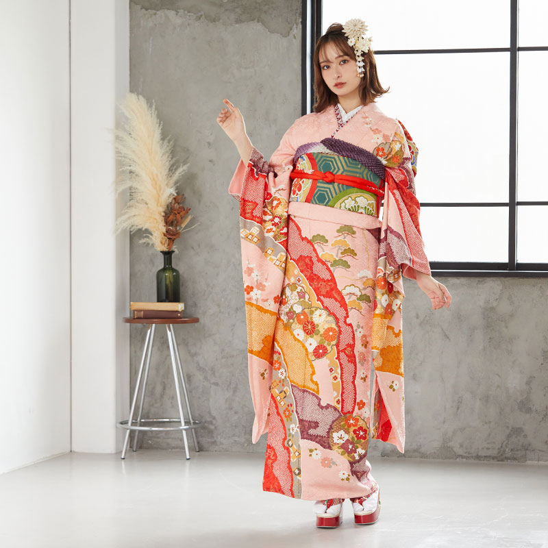 r870ピンク 雪輪重ね四季花文☆(絹)