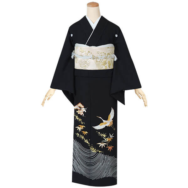 t263　刺繍 金鶴に松竹梅(絹)