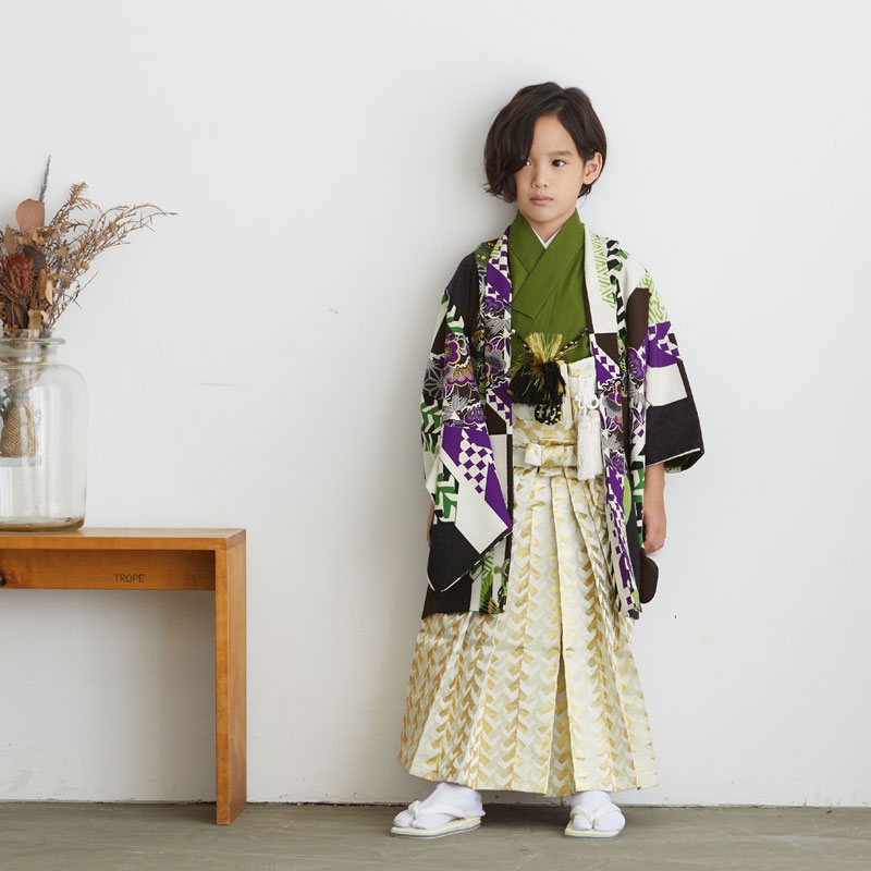 by042　HAIBARA【五歳】黒×抹茶　鶴亀に松竹梅と鯉